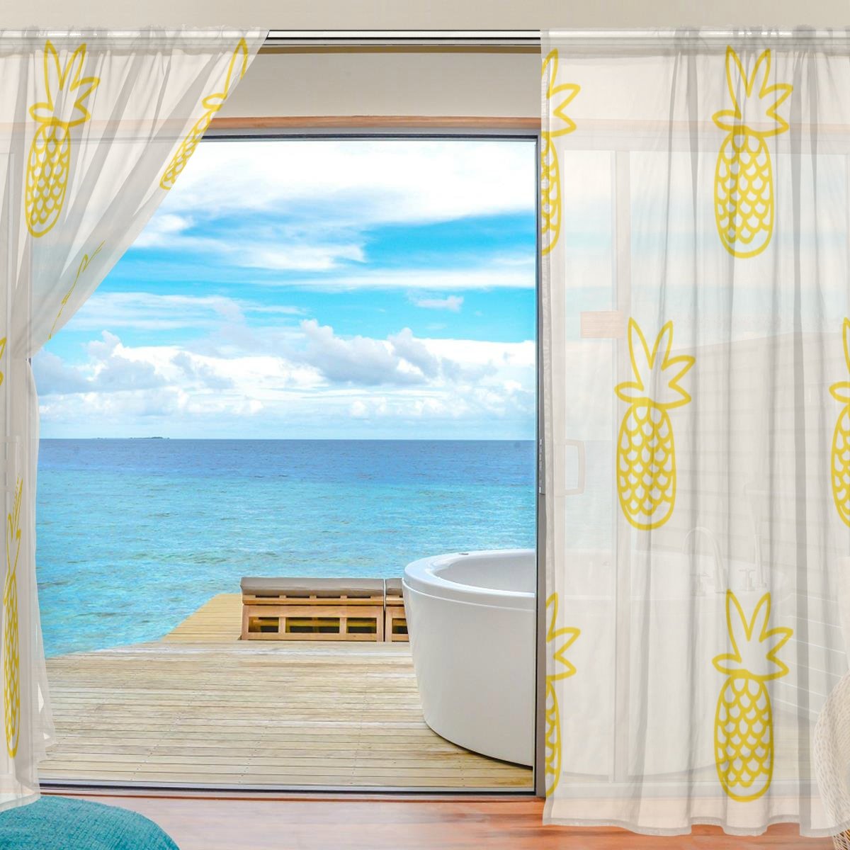 Amazon｜旅立の店 カーテン レースカーテン パイナップル柄 黄色 半