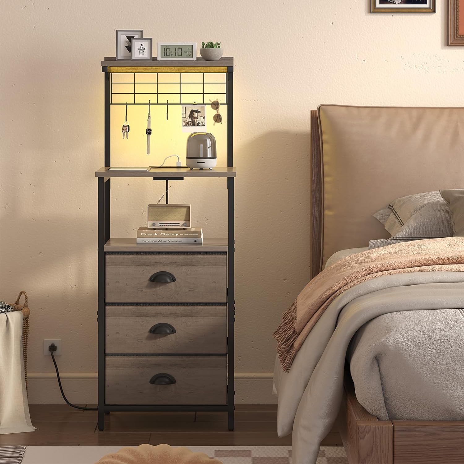 Bedside Tall Nightstands with Charging Station, LED Bedside Table for Bedroom - 3 PU Fabric Drawers, Hooks, USB/Type-C Ports & Open Bedside Shelves, Grey