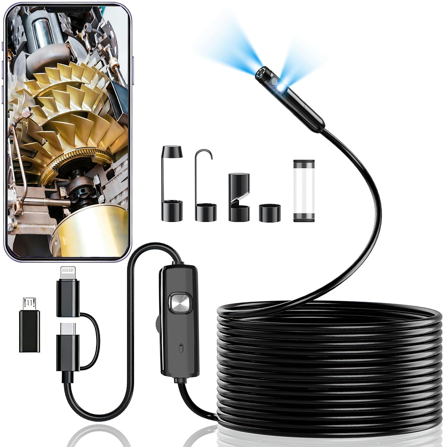 Dual-Lens Endoscope Camera with Light, 1920P HD Borescope with 8 Adjustable LEDs, 16.4FT Semi-Rigid Snake Cord, IP68 Waterproof Inspection Tool for iPhone, Android, Automotive, Plumbing, HVAC (7.9mm)