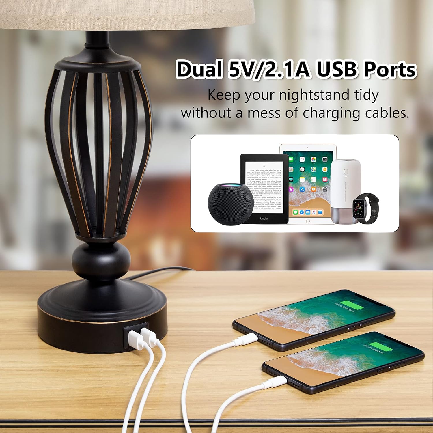 USB Bedside Lamp, 3-Way Dimmable Touch Table Lamp with Dual USB Charging Ports Industrial Table Lamp Black Metal Base Farmhouse Reading Lamp for Bedroom, Living Room, Office or Study LED Bulb Included