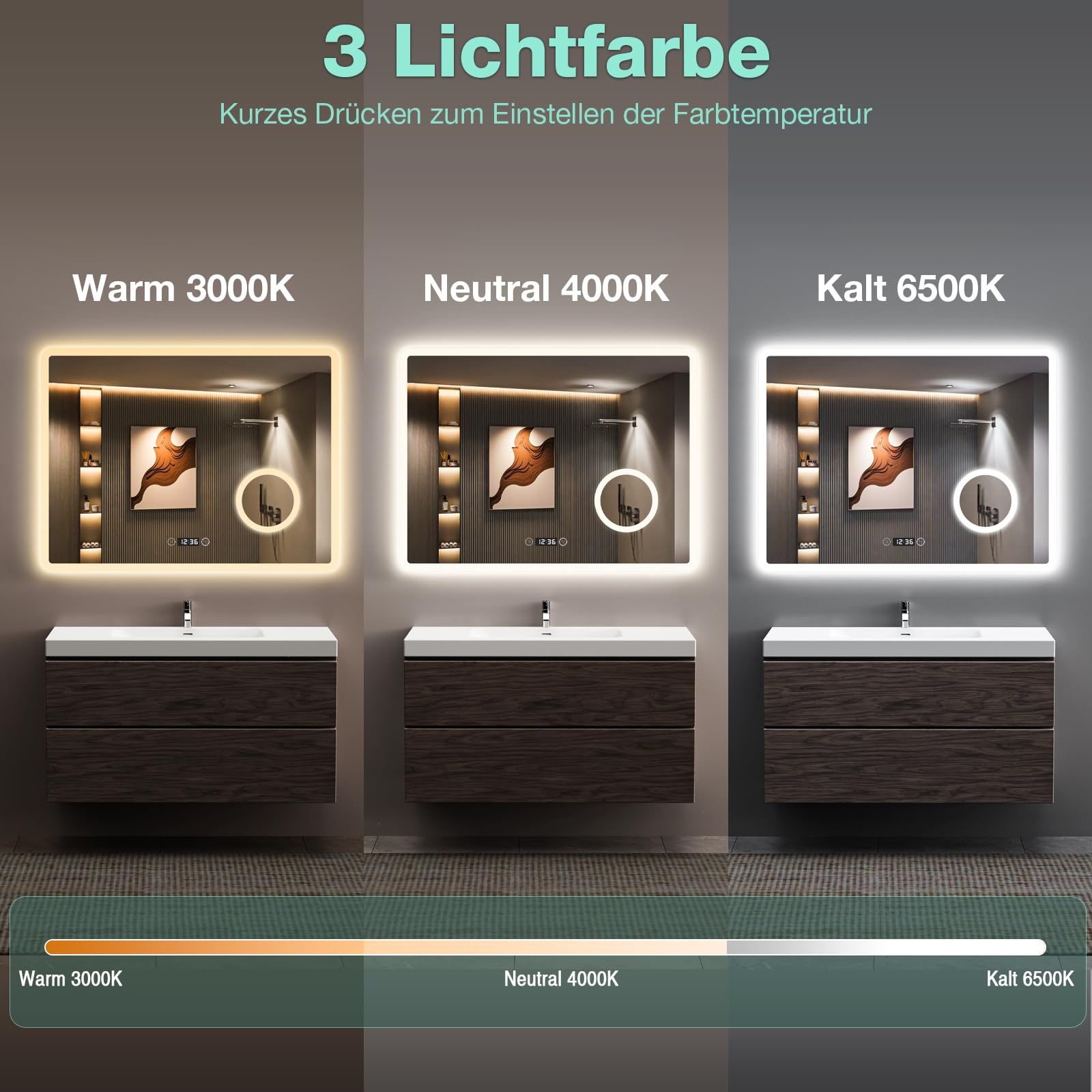 LED Bad Spiegel 80x60 cm mit Beleuchtung, 3 Lichtfarben & Dimmbar, Antibeschlag, Uhr & 3-fache Vergrößerung, Wandspiegel für Badezimmer
