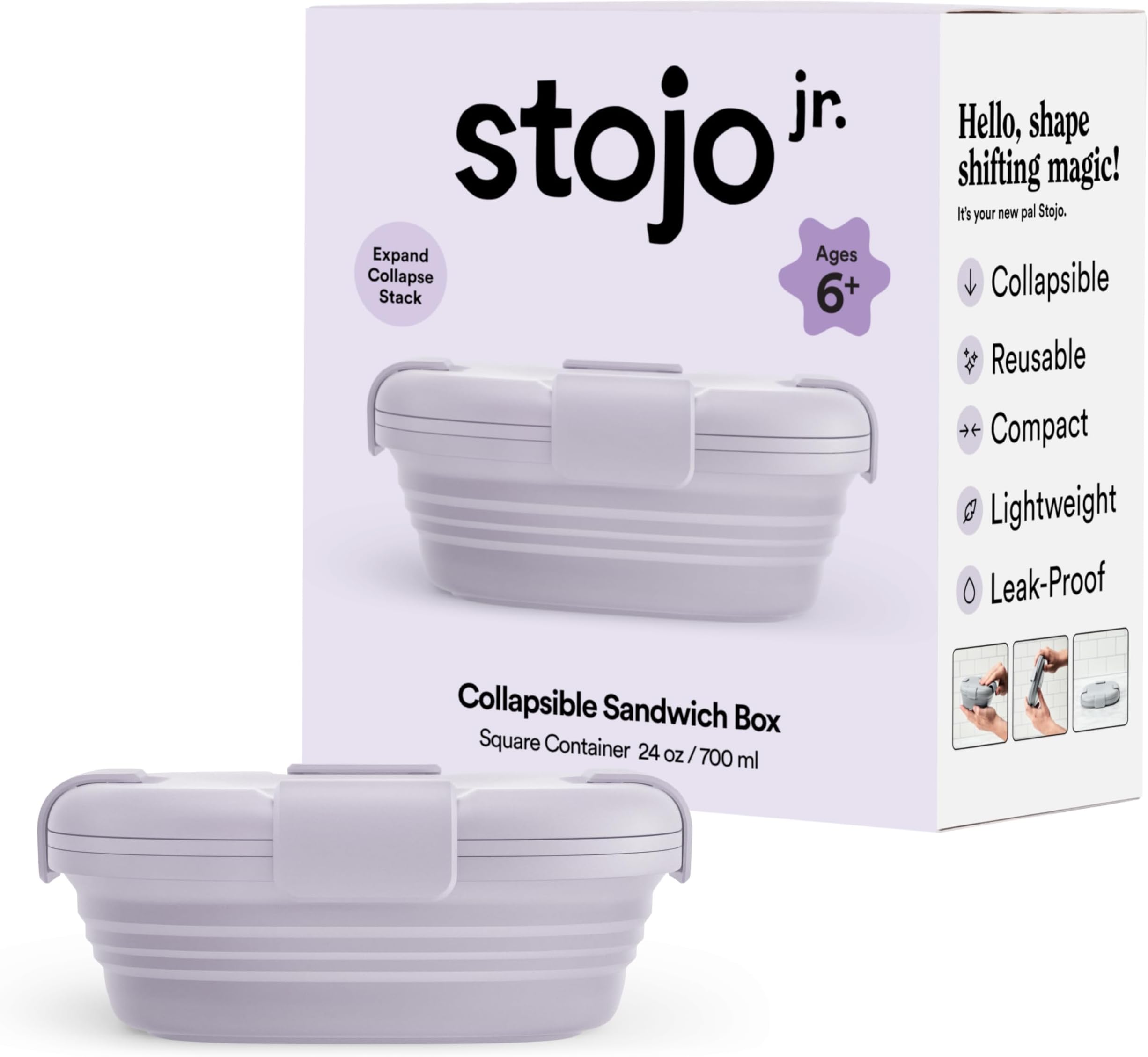 Jr Collapsible Box for Kids, 24oz - Leak-Proof Reusable Silicone Travel Bowl for Hot & Cold Food - For Home, On-The-Go Camping & Hiking - Microwave & Dishwasher Safe (Lilac Purple)