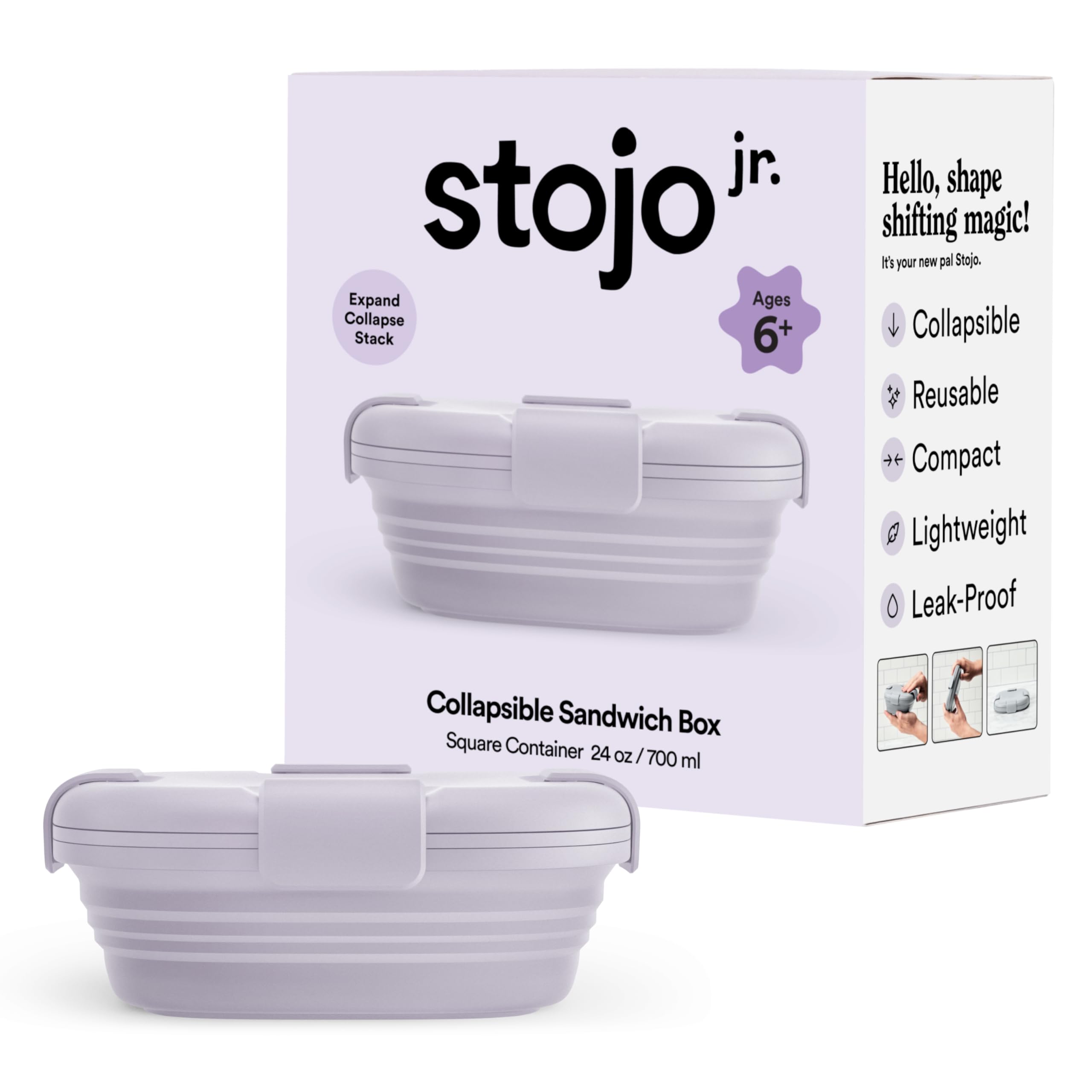 STOJOJr Collapsible Box for Kids - Lilac Purple, 24oz - Leak-Proof Reusable Silicone Travel Bowl for Hot & Cold Food - For Home, On-The-Go Camping & Hiking - Microwave & Dishwasher Safe