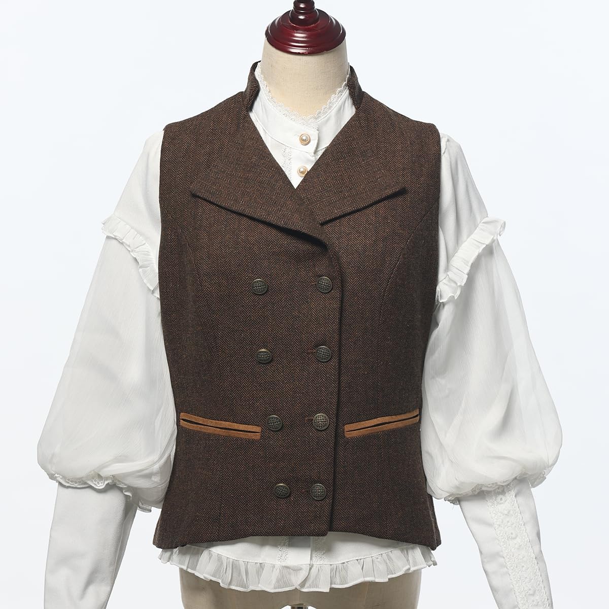 CAMDOM Chaleco de traje vintage de los años 50 para mujer, chaleco de tweed ajustado, chaleco con cuello en V, abrigo de doble botonadura con bolsillos, chaquetas sin mangas