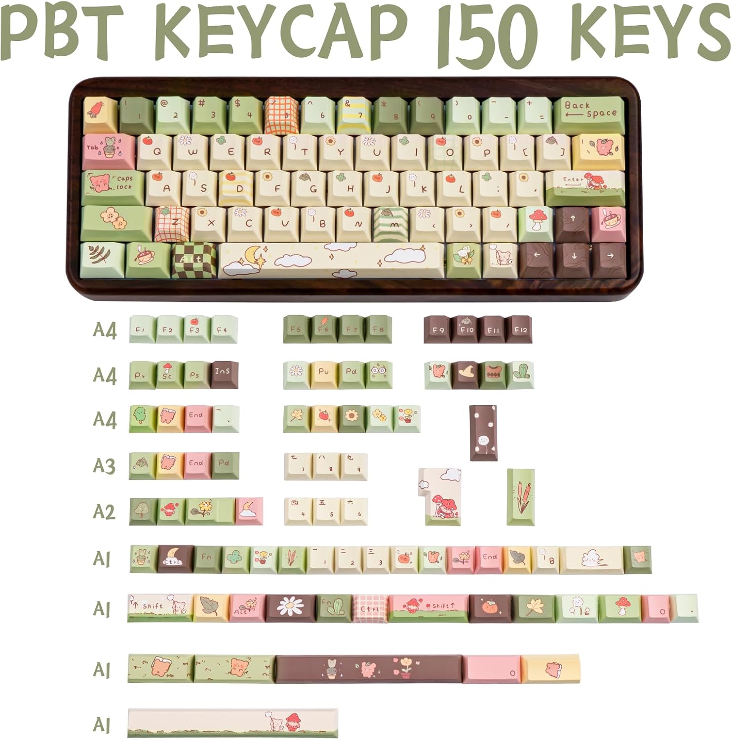 150 Keys Cute Keycaps, Dye Sublimation PBT Customized Cherry Profile Keycaps Cartoon Bear Keycap Set for Cherry MX Gateron Switches Mechanical Keyboards