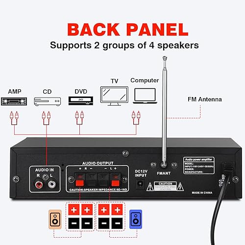 Miniatura 5 de Facmogu AV-111BT Amplificador para el hogar con ecualizador, amplificador de audio EQ de 5 bandas, receptor amplificador de potencia RMS 60Wx2 para
