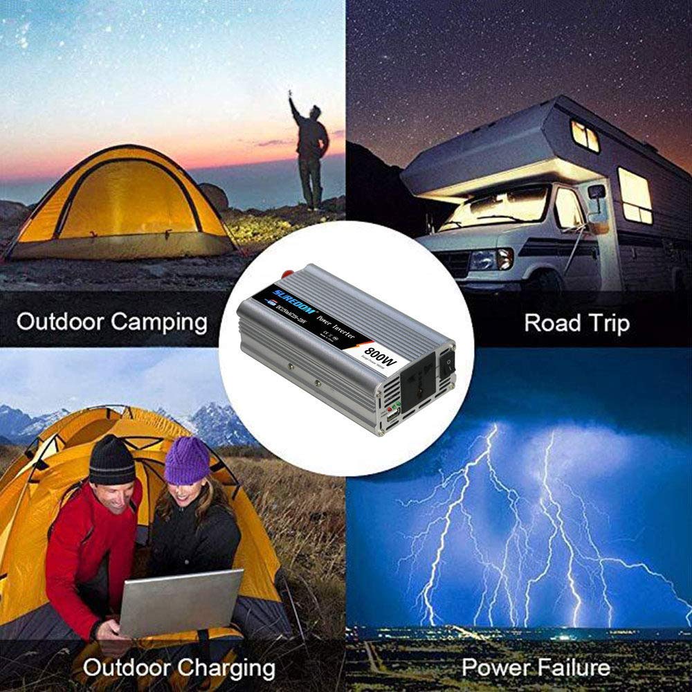 Convertisseur de Tension 800W (Peak 1600W) Onduleur de Voiture DC 12/24 V in AC 220V / 230V / 240V avec Connexion USB pour appareils Photo, Ordinateurs Portables, Smartphones