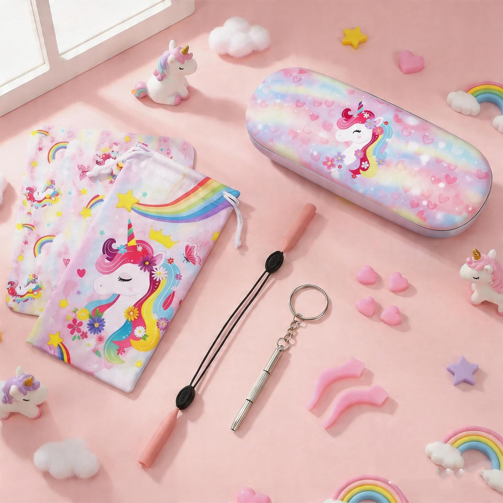 Unicorno Custodia Occhiali Rigida Bambina,Custodia Occhiali Morbida Cordino Ferma Occhiali Custodia Portatile per Ragazza Viaggio Studio