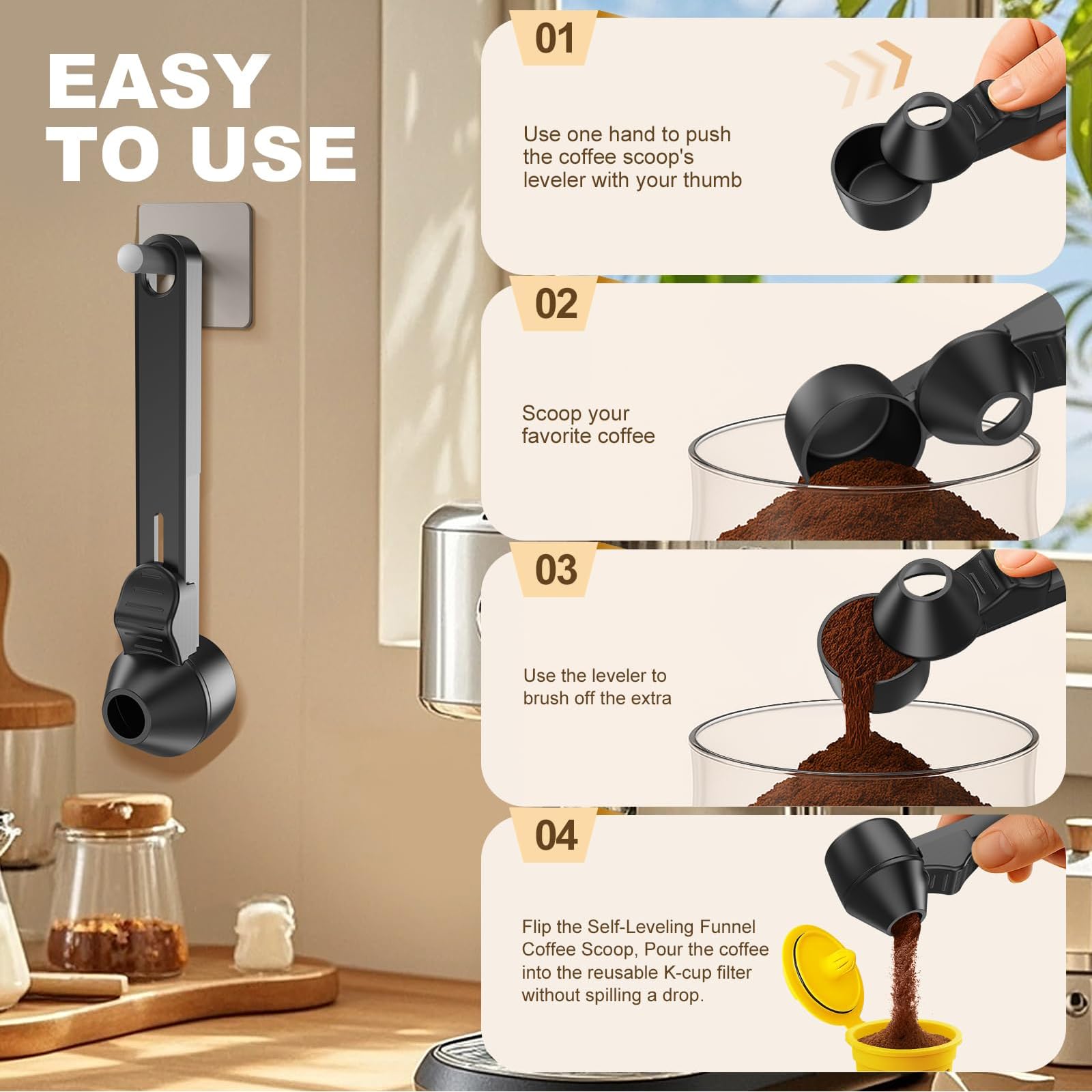 Cucchiaio Dosatore caffè con Imbuto Set di 2 Cucchiai Misuratori per Polvere di caffè Nero E Trasparente in Materiale ABS Design Utensili Multifunzionali per