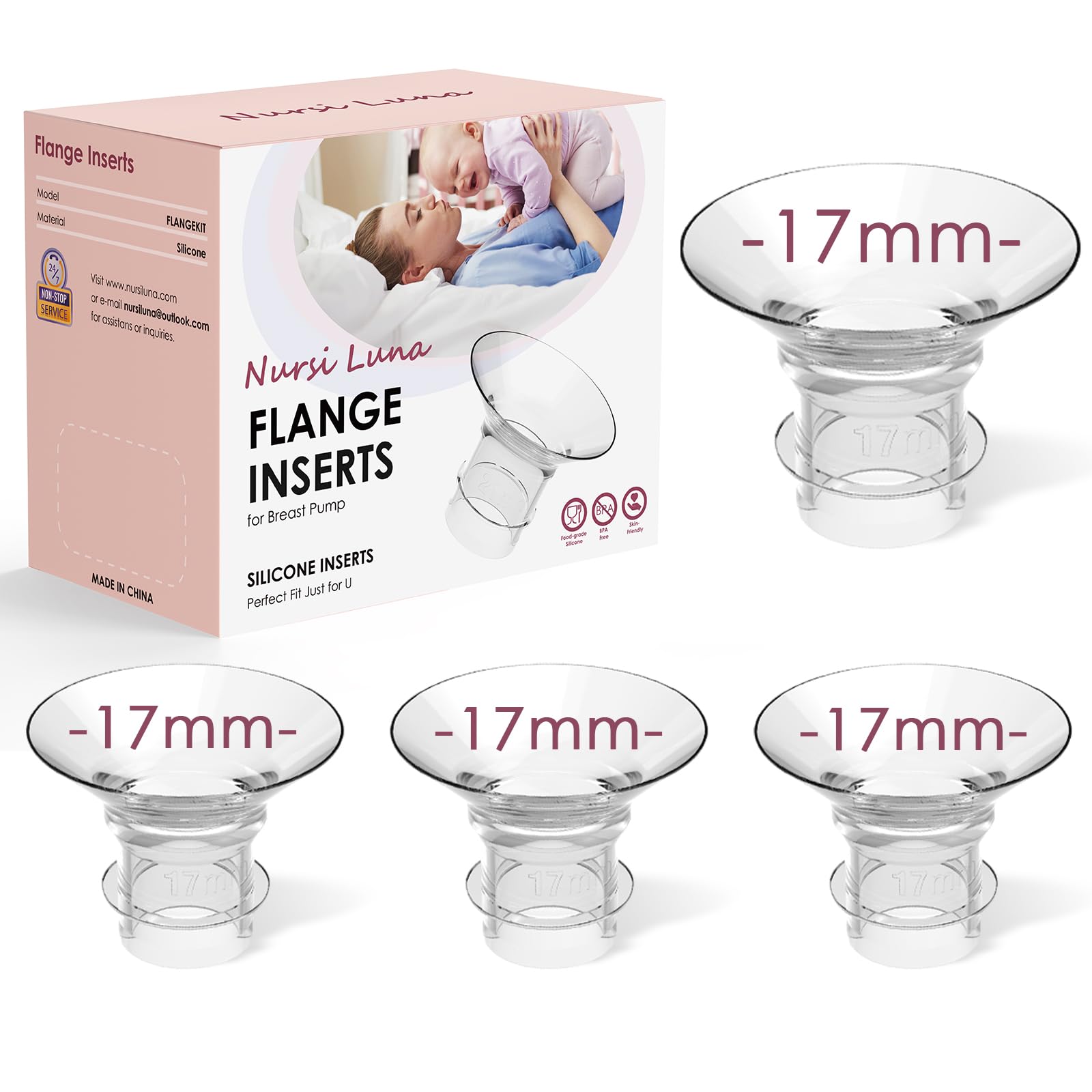 Flange Inserts 4PCS 17mm for 24mm Flange/Shield of Most Pumps, Flange Sizing Kit Silicone Flange Insert for Breast Pump Replacement Accessories, Breastfeeding Essentials Kit for New Moms