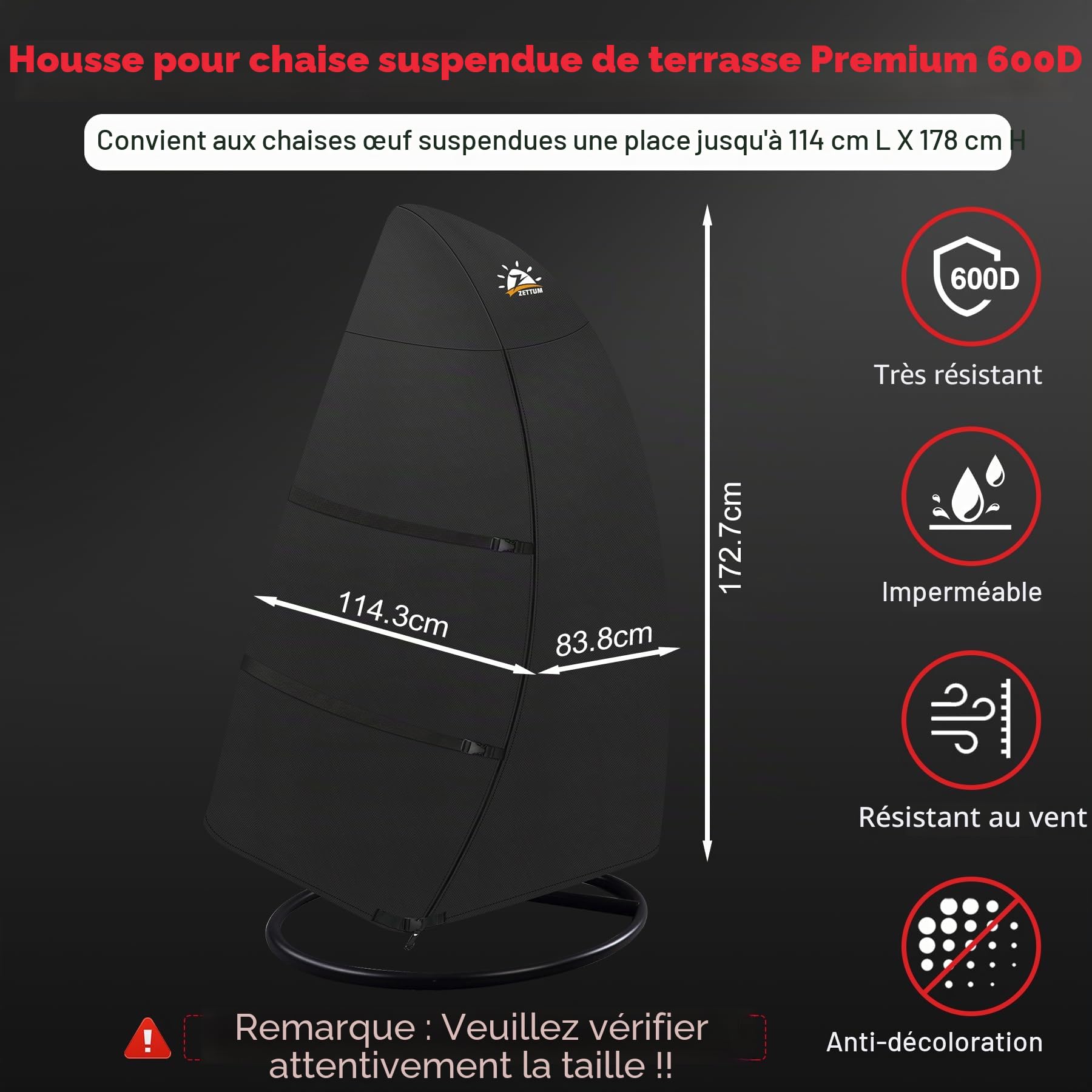 Zettum Housses de oeuf suspendu 114 x 83 x 172 cm, Couverture de Fauteuil Suspendu imperméable et robuste pour balancelle de terrasse à suspendre avec revêtement PU Housses pour mobilier de jardin