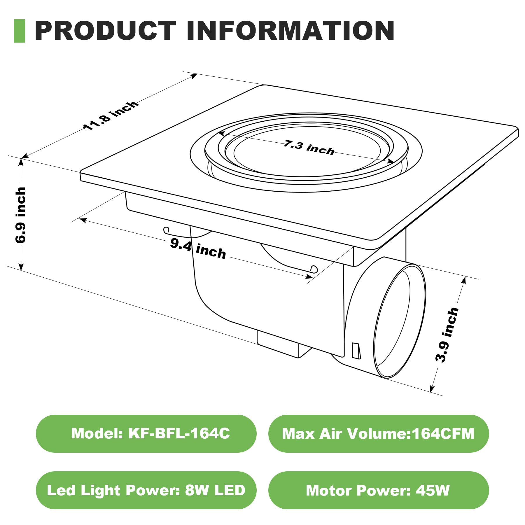 KolerFlo Bathroom Exhaust Fan with Light,164CFM 0.7Sones 4 Inches Duct 110V,Quiet Bathroom Ventilation Exhaust Fan for Shower/Restroom/Office/Home