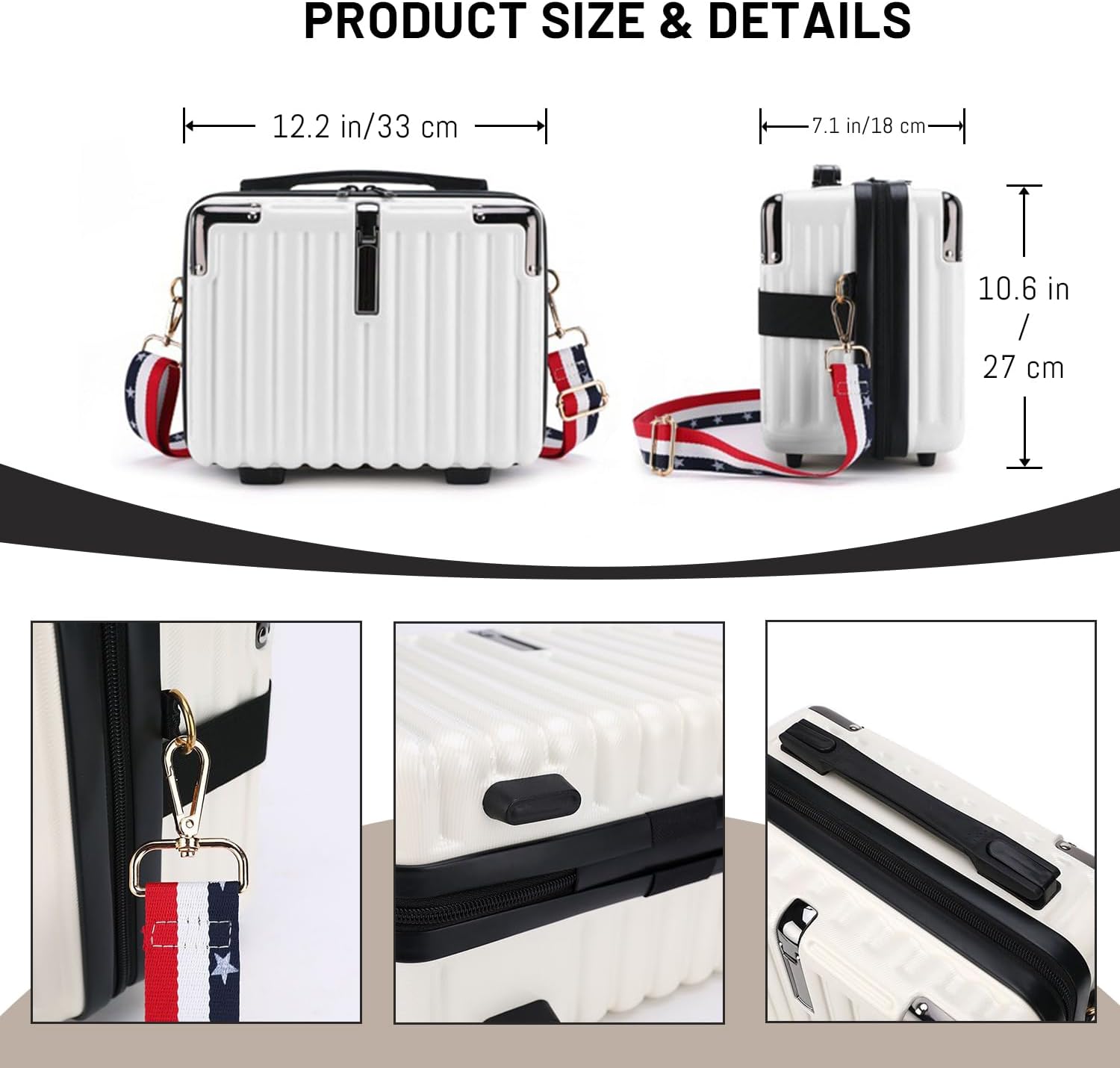 15 Inch Portable Hard Shell Makeup Case, Mini Cosmetic Travel Luggage Case with Shoulder Strap, Small Travel Suitcase Train Case with Toiletry Bag, ABS Material, White - Image 6