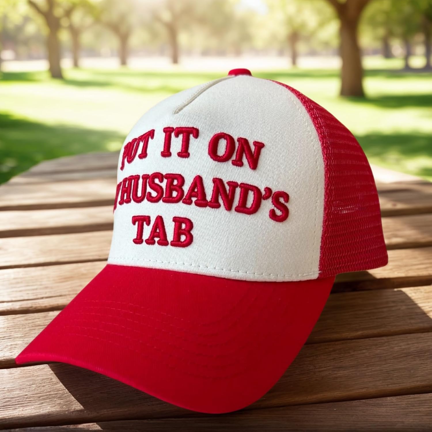Put It On My Husband’s Tab – Funny Trucker Hat for Women – 3D Embroidered 5-Panel Mesh Cap, Adjustable Snapback, Vintage Style Baseball Hat - Image 8