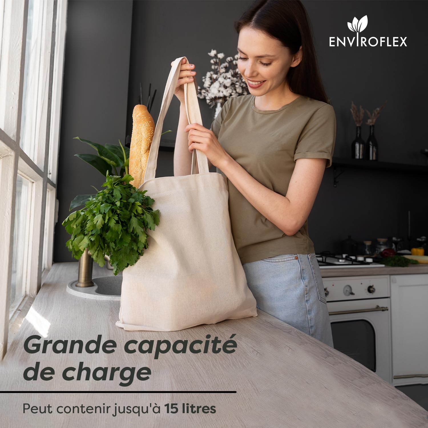 Sacs fourre-tout en toile 100% coton 38 x 42 cm réutilisables avec longues poignées