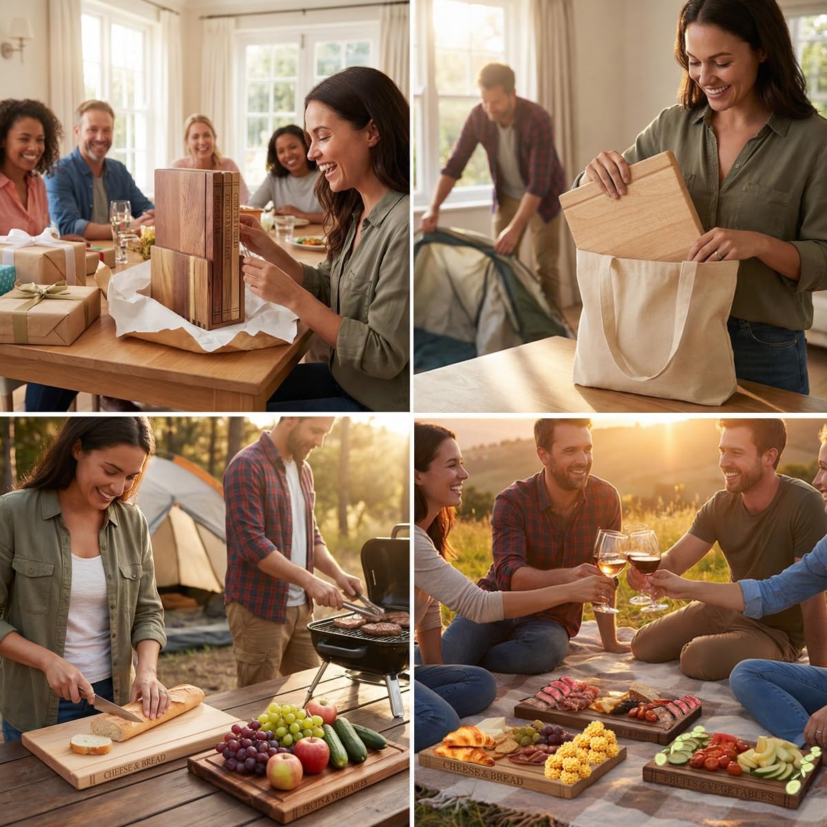 3-teiliges Buch-Schneidebrett-Set für Küche, 100% Akazienholz mit Ständer, Dekorative Holz-Schneidebretter ideal als Geschenk für Mama, Einzug, Geburtstag – 33×25,5×2 cm