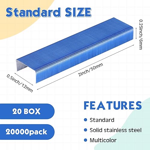 Miniatura 2 de Paquete de 20 1000caja de grapas estándar de 266 grapas coloridas para escritorio, grapas manuales, grapas de oficina para oficina, hogar, escuela,
