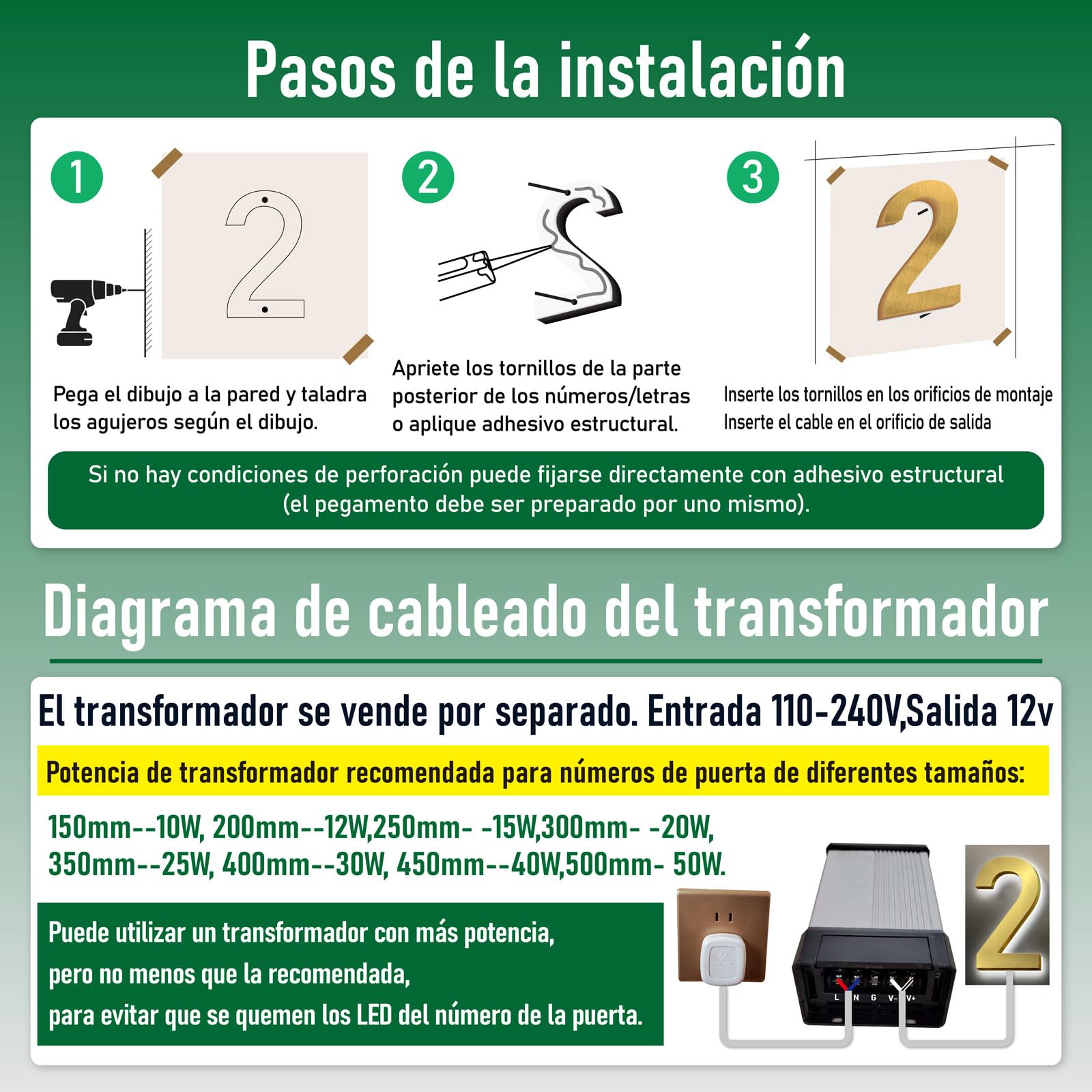 Número LED acero inox cepillado dorado Resistente y elegante (7,8 Inch)