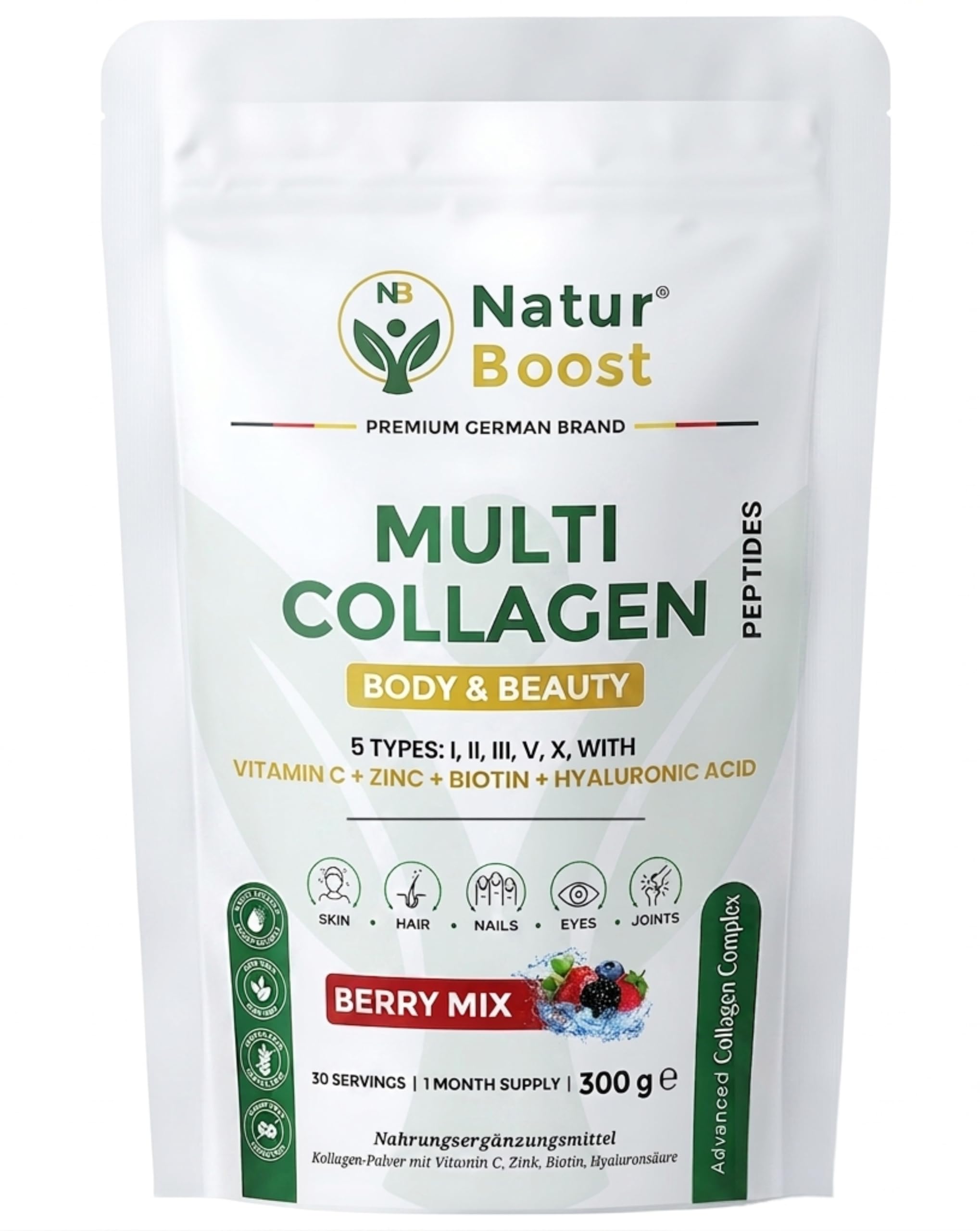 Multi Kollagen Pulver Waldbeere 300g mit Vitamin C, Hyaluron, Biotin & Zink