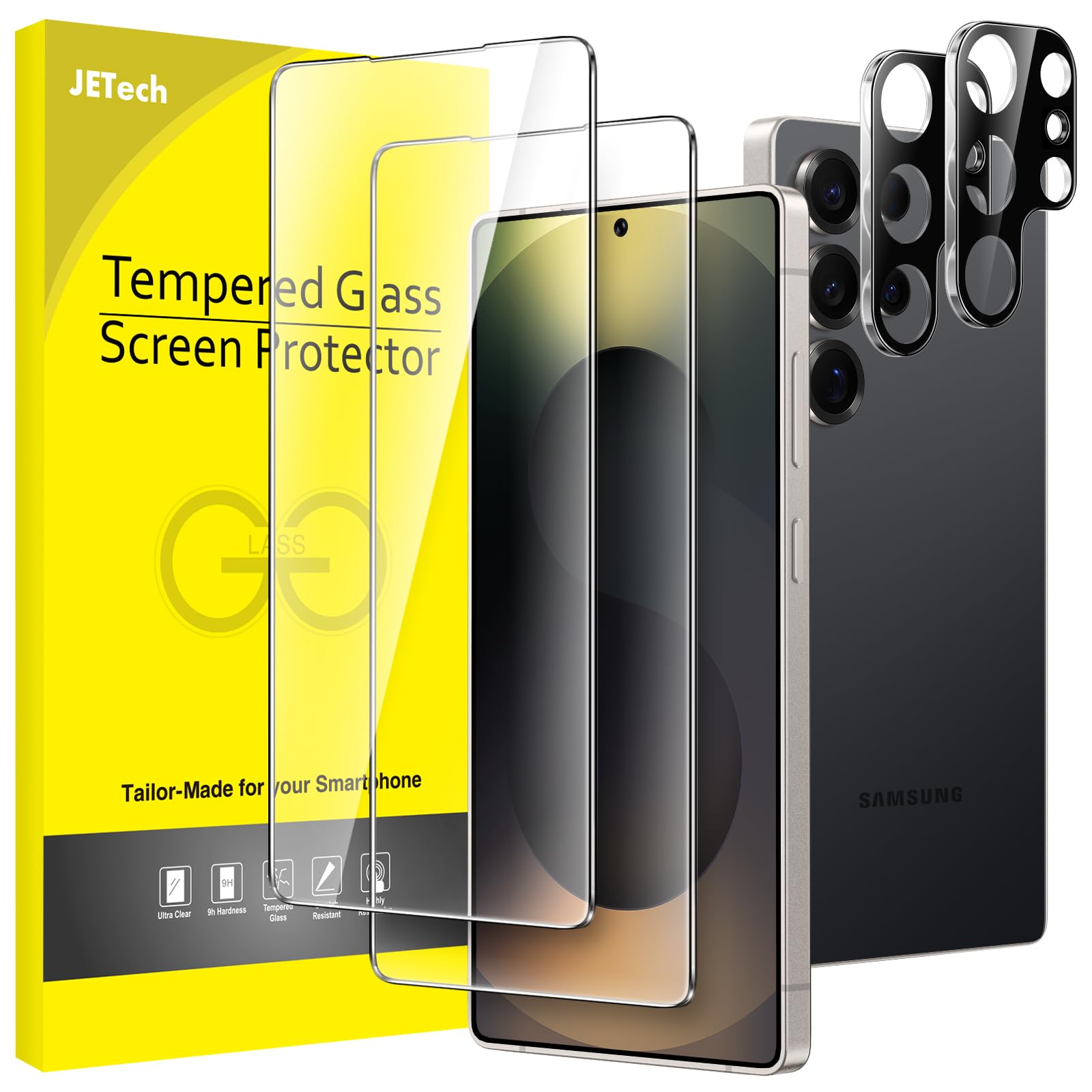 JETech Pellicola Protettiva per Samsung Galaxy S25 Ultra 5G con Protezione Lente Fotocamera, Vetro Temperato Film, Compatibile ID Impronte Digitali, HD Chiaro, Pacco da 2 Ciascuno
