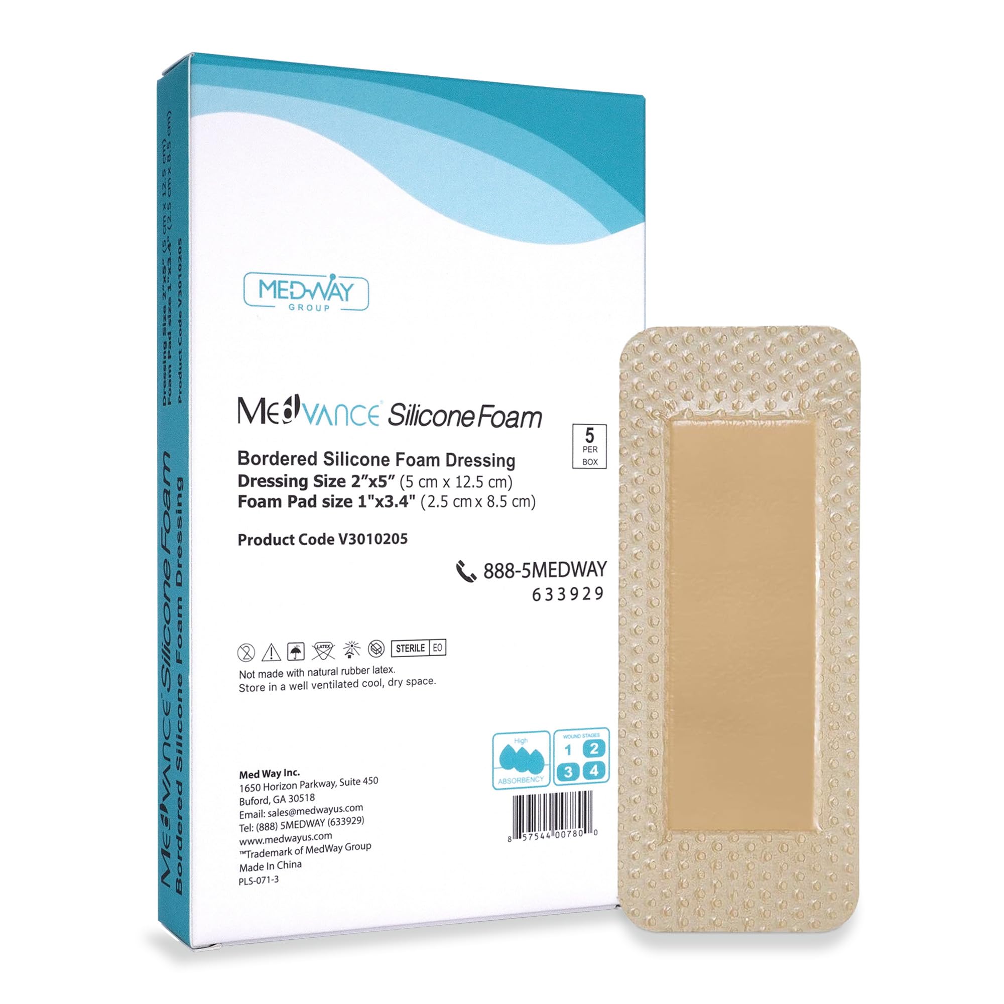 MedVanceTM Silicone - Bordered Silicone Adhesive Foam Dressing, 2"x5" (1.2"x3.4" pad) Box of 5 dressings