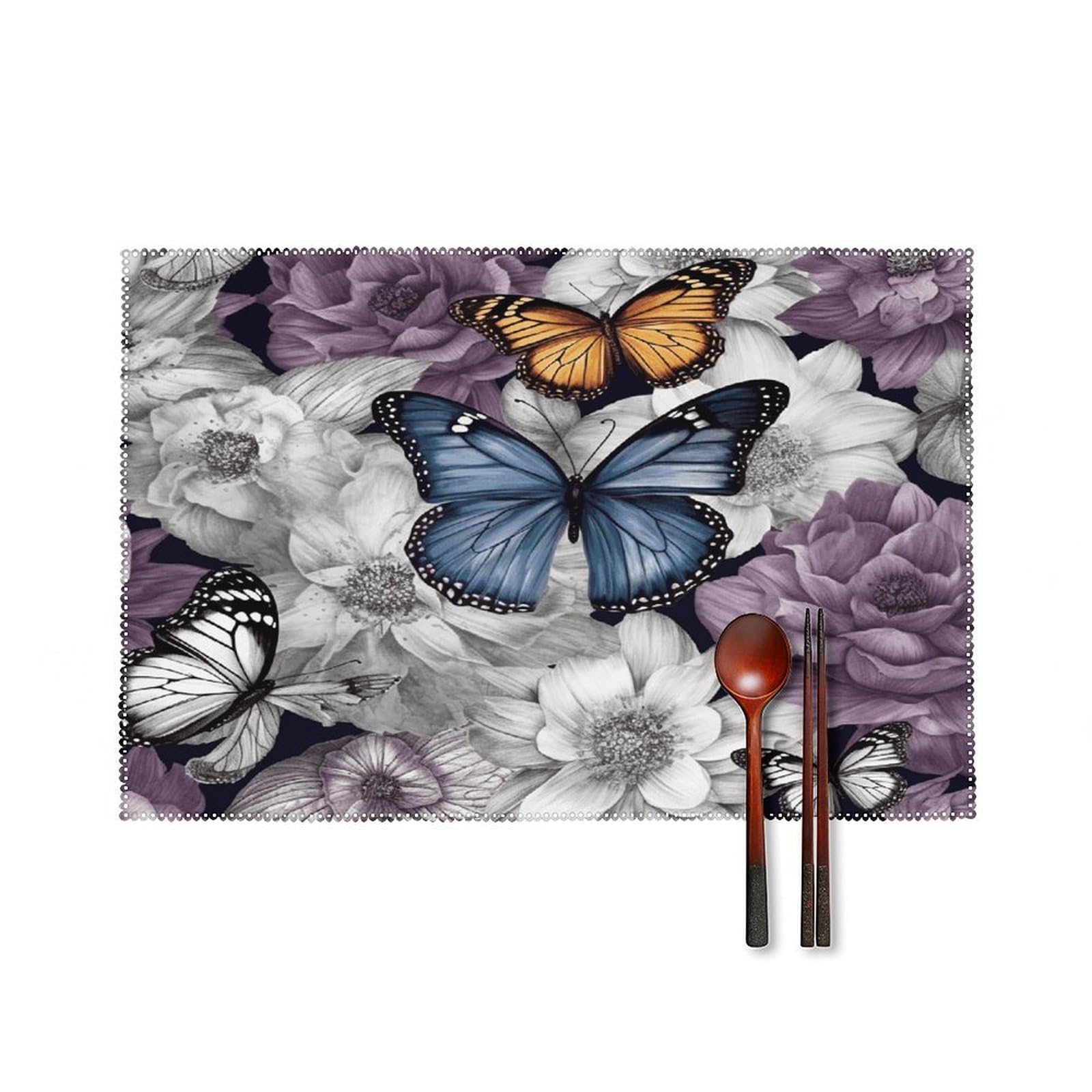 Purple Butterflies Floral Placemats Set of 6 Heat Resistant Non-Slip Place Mats Washable Wipeable Table Mats Elegant Farmhouse Placemat for Kitchen Dining Outdoor Party Table Decor