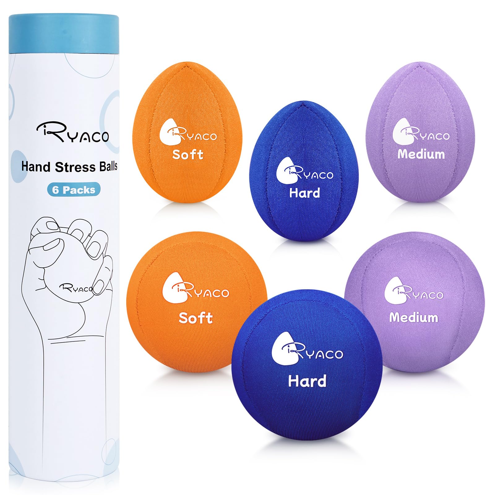 RYACO Stress Balls for Adults, 6 Pack Hand Exercise Therapy Balls, Soft, Medium, Hard Tri-Density - Anxiety Relief, Resistance Training, Easy Squeeze, Grip Strength