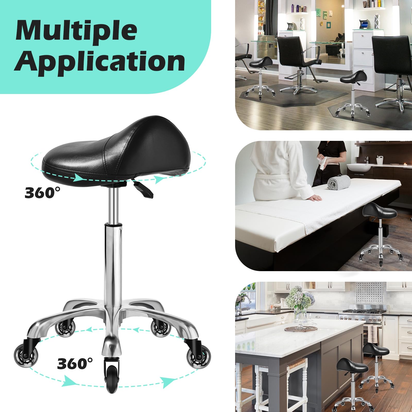 Taburete ergonómico con ruedas – Cojín de asiento de cuero más grueso mejorado, corrección de postura saludable, deslizamiento suave y sedoso, taburete ajustable con ruedas para masaje médico de salón 6