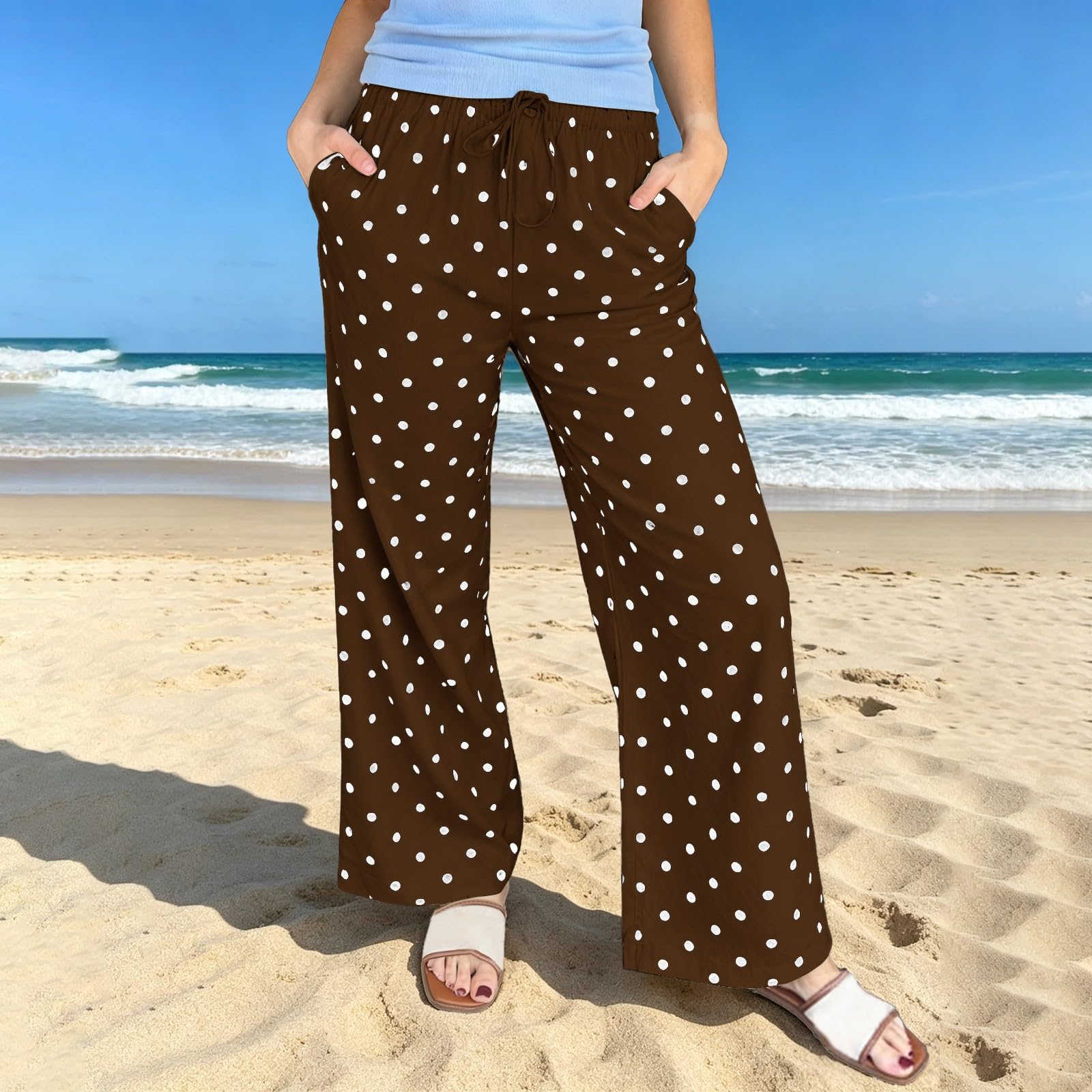 Pantaloni estivi da donna in raso, traspiranti, per il tempo libero, a vita alta, con pois, leggeri, traspiranti, in raso, con elastico in vita, eleganti, larghi