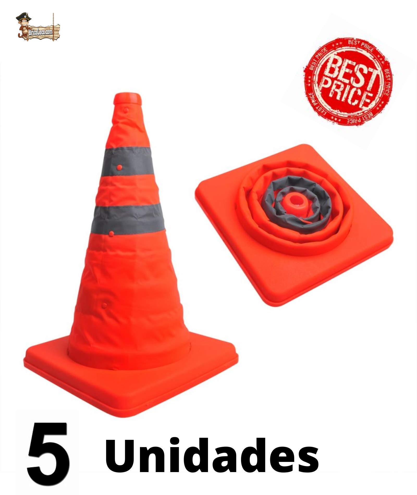 BricoLoco Pack 5 uds Cono señalización carretera plegable 60 cm 2 bandas reflectantes, naranja. Señalización o balizamiento en carretera tráfico, entrenamiento, obraFluorescente y reflectante.