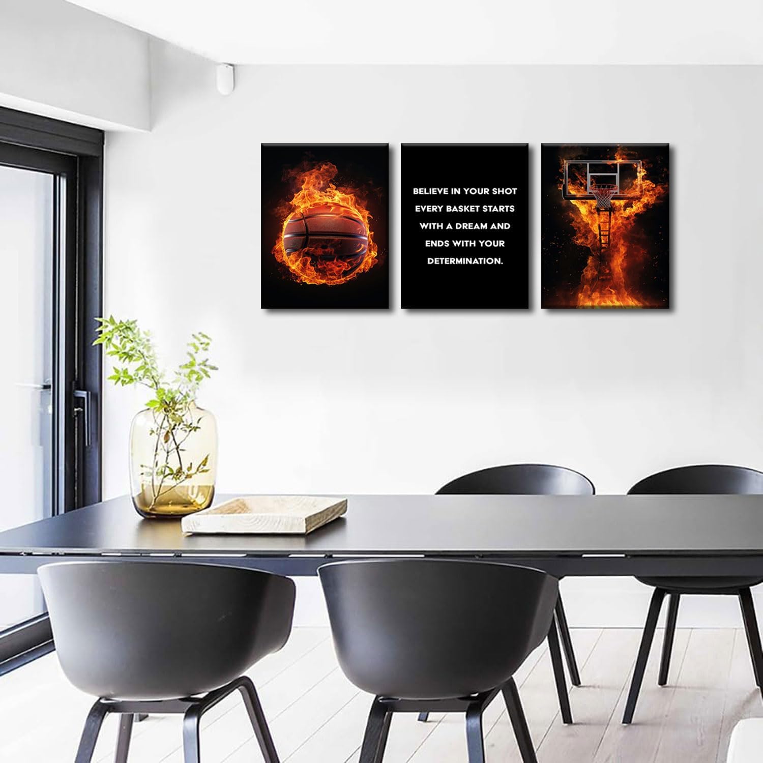 3Pcs Basketball Canvas Wall Art Basketball Court Black Wall Decor Picture flame Basketball Inspirational Quotes Poster Print Artwork for Gym Teen Boys Room Decortion 12x16in Framed