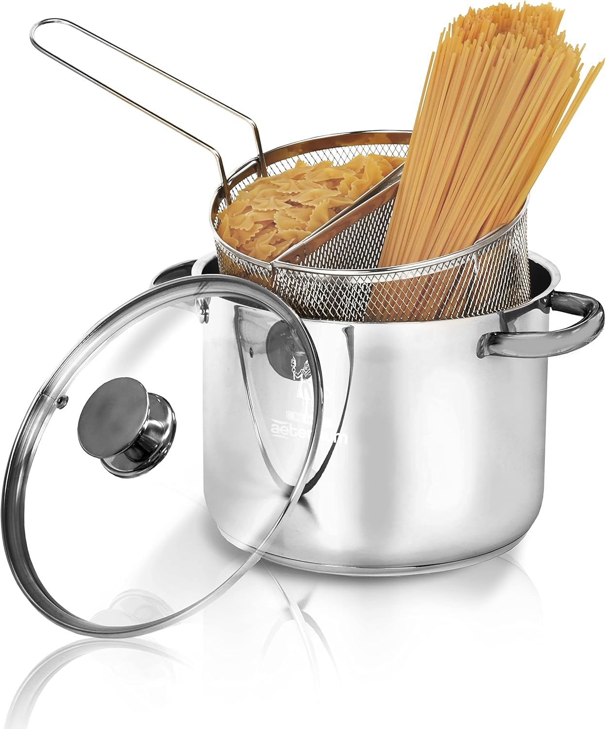 Spaghettiera Pastarella Doppio Cestello 22 CM in Acciaio Inox con Triplo Fondo per Tutti i Piani di Cottura Capacità 6 Litri