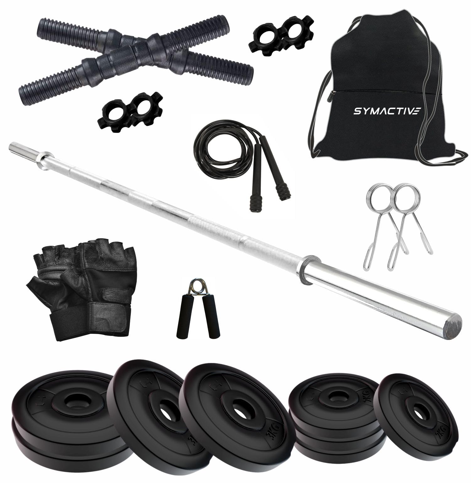 Amazon Brand - Symactive 20 KG PVC Home Gym Set with Accessories & Gym Bag (20 Kg Weight, 4 Ft Plain Rod, 14'' Dumbbell Rods Pair, Skipping Rope, Gloves, Gripper, 2 Locks/Clippers, Bag)