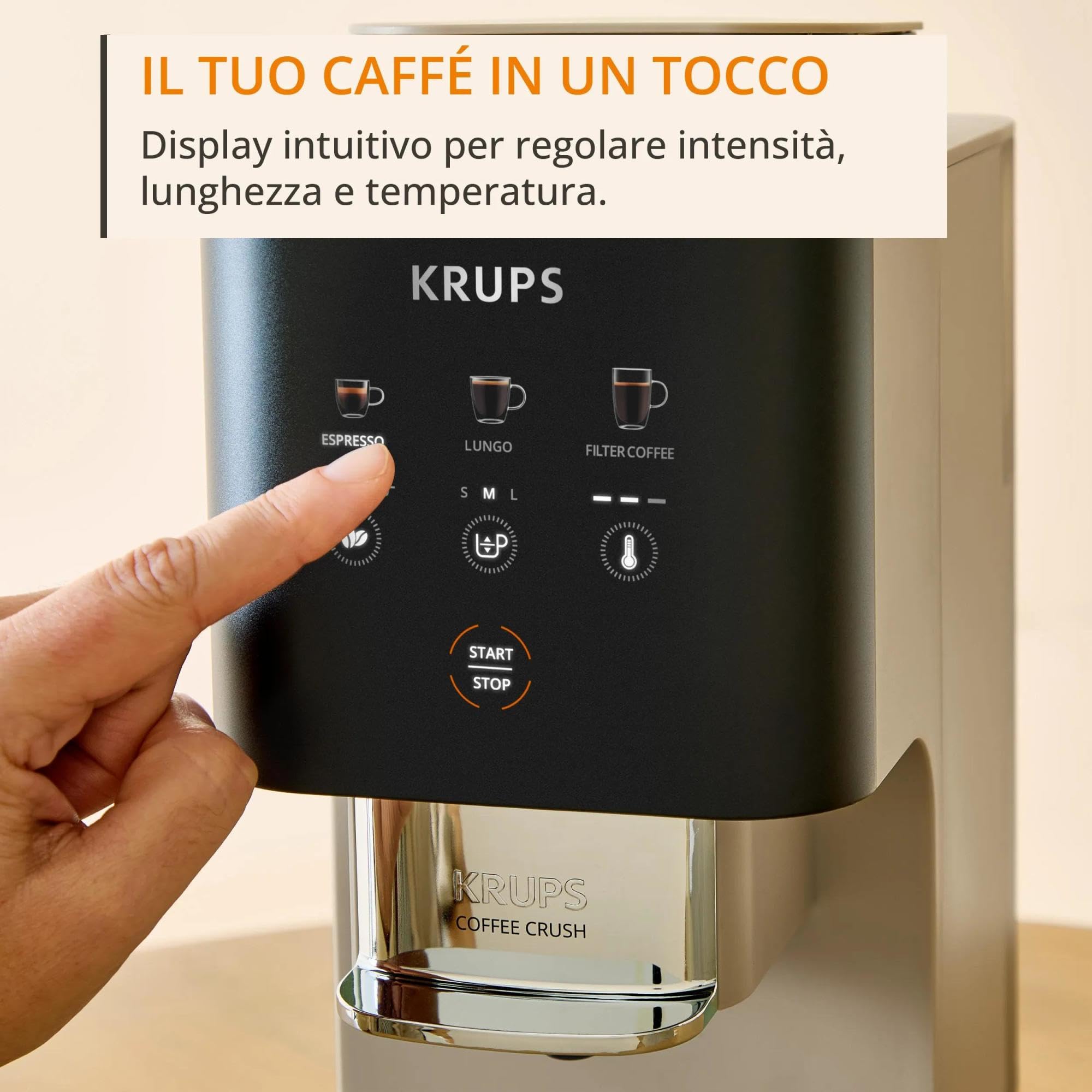 Krups Coffee Crush Extra, Macchina da Caffè Automatica, Super Compatta, Ingombro Minimo, 3 Livelli di Macinatura per Caffè in Grani, Intensità, Lunghezza e Temperatura Regolabili, 1370 W, Chai, SA402A