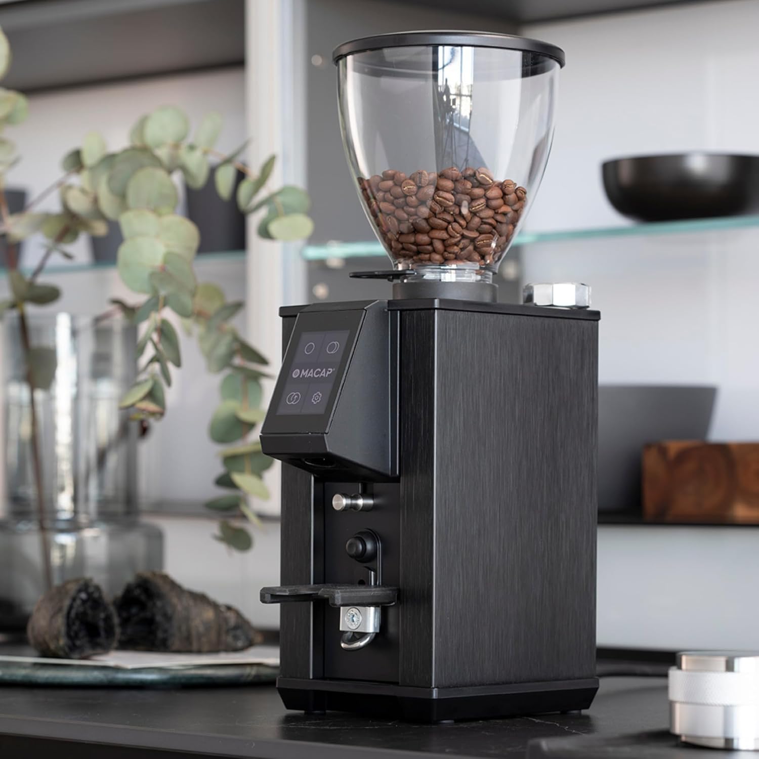 LEO 55 Touch Burr Coffee Grinder, Satin Black – 55mm Flat Burrs, Compact & Quiet, Stepless Micrometric Adjustment, Precision Grinding, Home Espresso Machine Compatible, Touch Screen