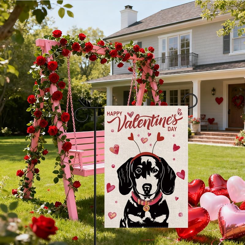 Welcome Valentine's Day Garden Flag Dachshund Dog Love Heart Vertical Double Sided Garden Flag Holiday Outside Yard Decoration Anniversary Wedding Farmhouse Valentines Day Decor 12.5 x 18 Inch - Image 4