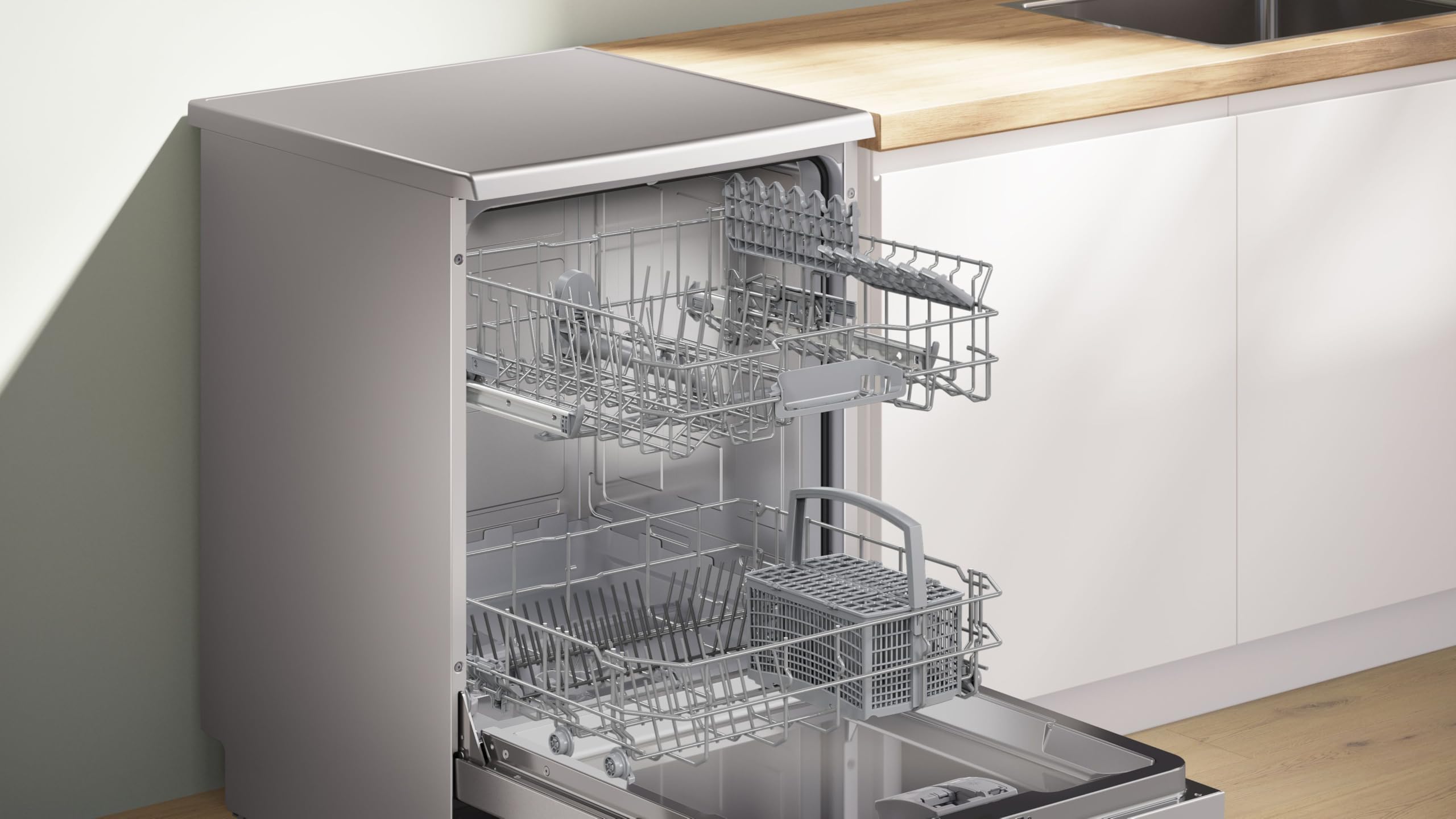 Bosch SMS26AI01F Série 2 - Lave-vaisselle, pose-libre, Option Séchage Extra | 60 cm, Inox, Moteur induction, Panier supérieur réglable sur 3 hauteurs, Programme Verre 40 °C, Display, AquaStop