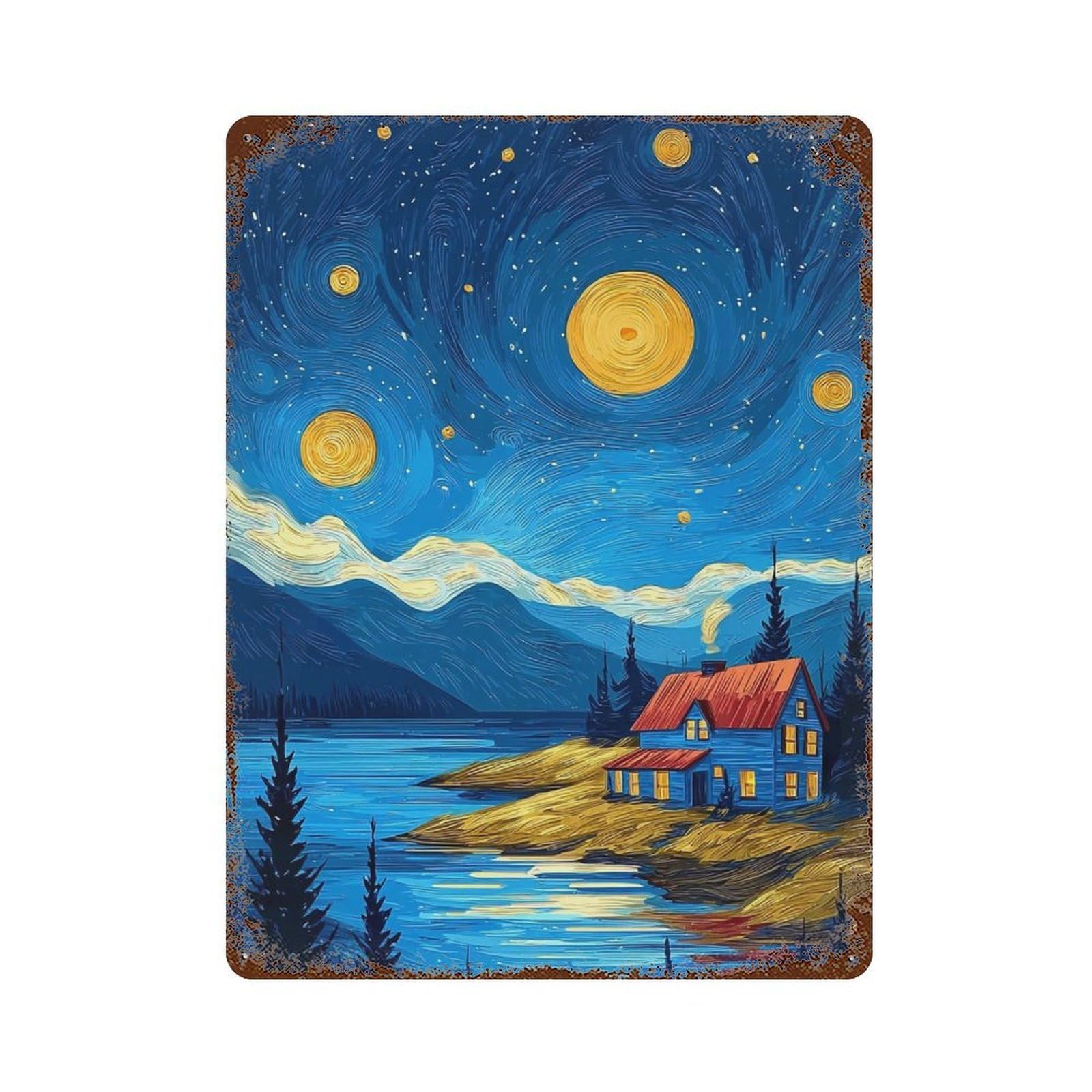 Garage Style Starry Night Lakeside Cabin Distressed Metal Wall Sign 15.7"x11.8", Farmhouse Wall Decor for Bar And Workshop
