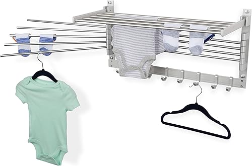 brightmaison BGT - Estante de secado de ropa para lavar la pared, organizador de lavandería con ganchos y brazos oscilantes, estante de metal de 24