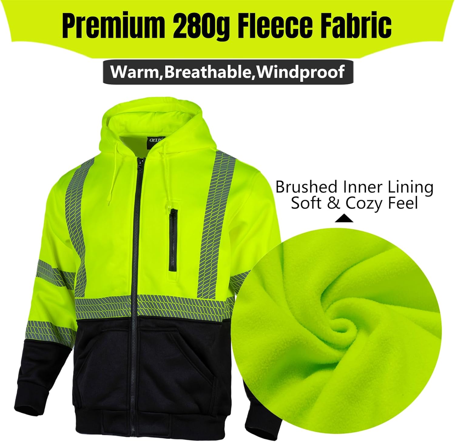High Visibility Safety Sweatshirt ANSI Class 3 Reflective Work Fleece Hi Vis Hoodies Zipper Jacket