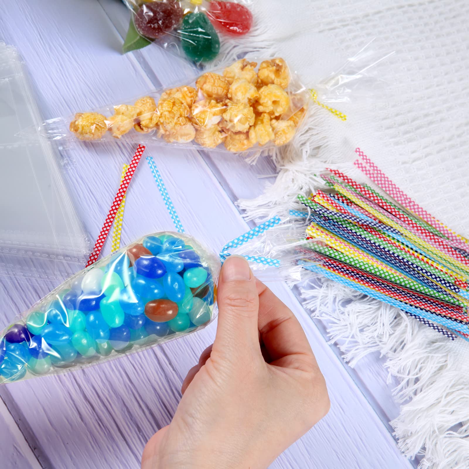 100 Sachets Cornets Transparents + 100 Attaches - 13x25 Cm, Pour Bonbons, Biscuits, Cadeaux, Fêtes