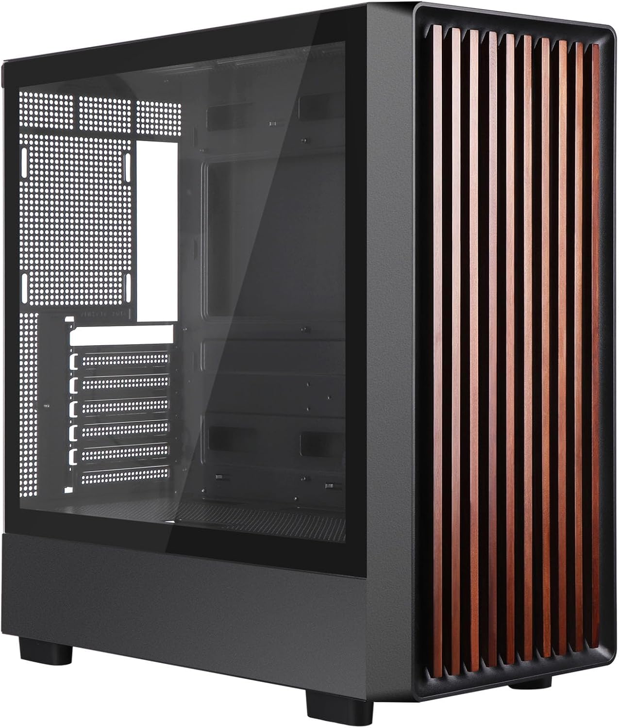 D1 Tempered Glass PC Case Meshify - Walnut Wood Front - Mesh and Glass Side Panel - Can Build in Up to 12 ARGB PWM Fans - High Airflow Mid Tower PC Gaming Case for ATX/mATX/ITX Motherboards Black