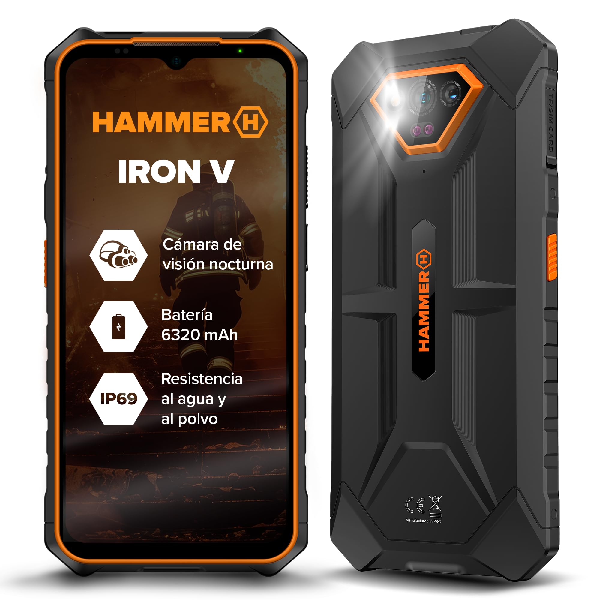 Hammer Iron V Smartphone Rugerizado 6,5″ 6320 mAh, 6GB RAM + 64GB, Android 13, Dual SIM, IP68/IP69K, NFC, Cámara 50 MP con Visión Nocturna