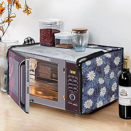Glassiano White Flower Printed Microwave Oven Cover for LG 32 Litre Convection Microwave Oven MC3286BRUM, Black, Polyester;Polyester Blend