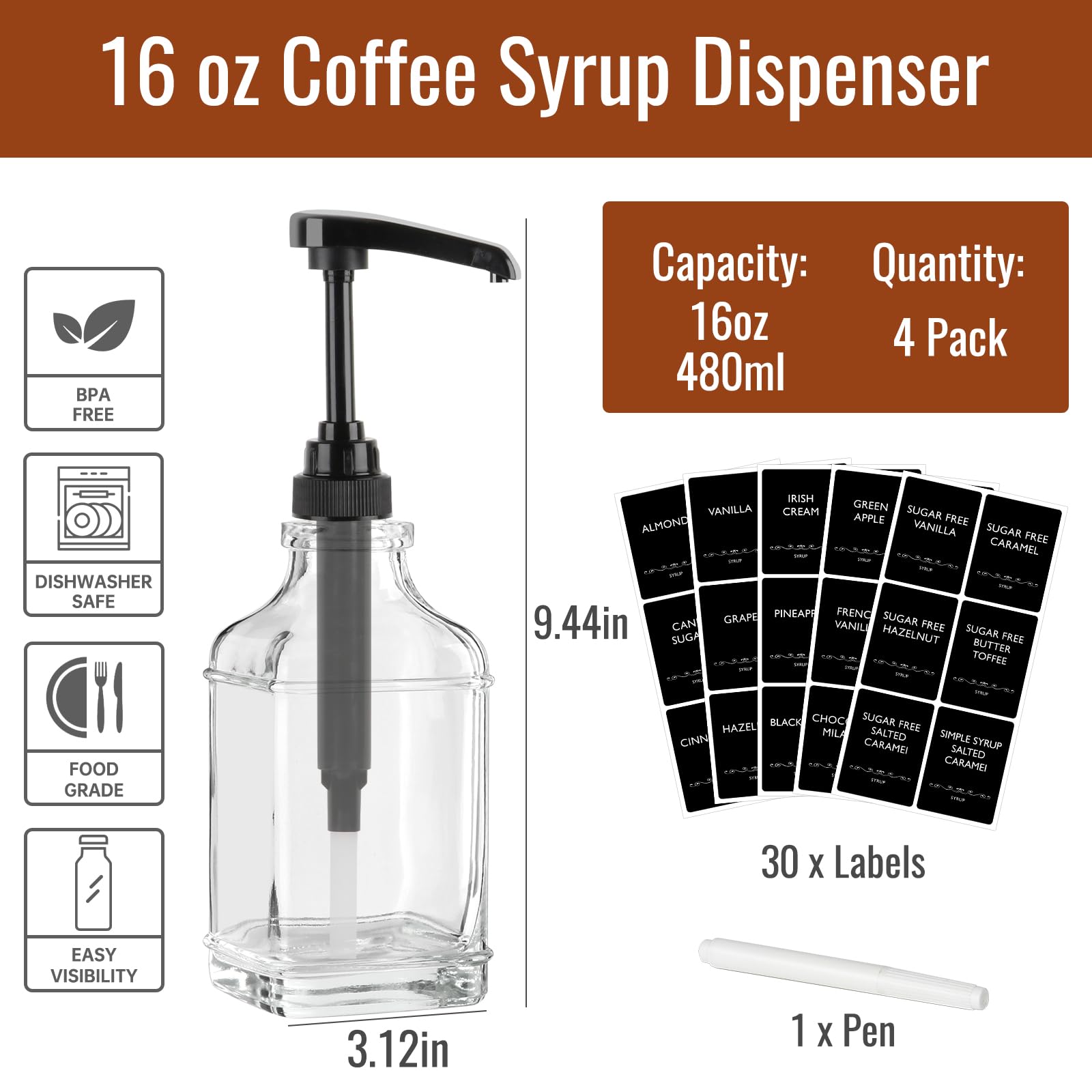 STARSIDE Dispensador de jarabe de café de 16 onzas, 4 botellas de jarabe de vidrio transparente con bomba de capacidad de 1/4 onzas, dispensador de jarabe para barra de café con bomba de plástico y