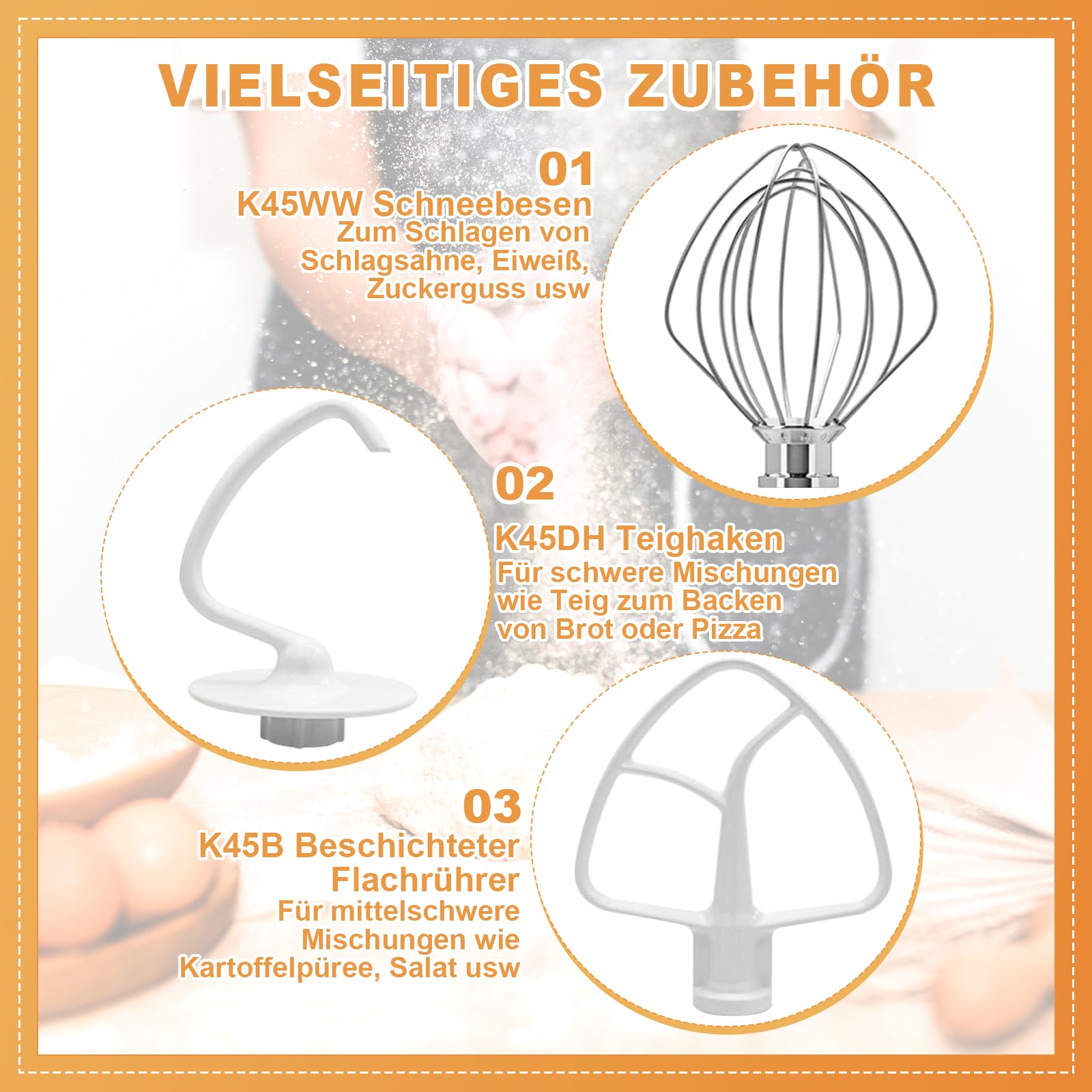 4-teiliges Rührwerkzeug Set, passend für 4.5-5 Quart Standmixer, Bestehend aus Drahtschneebesen, Flachrührer, Knethaken und Rührschüssel, Ideal für die Zubereitung verschiedener Speisen
