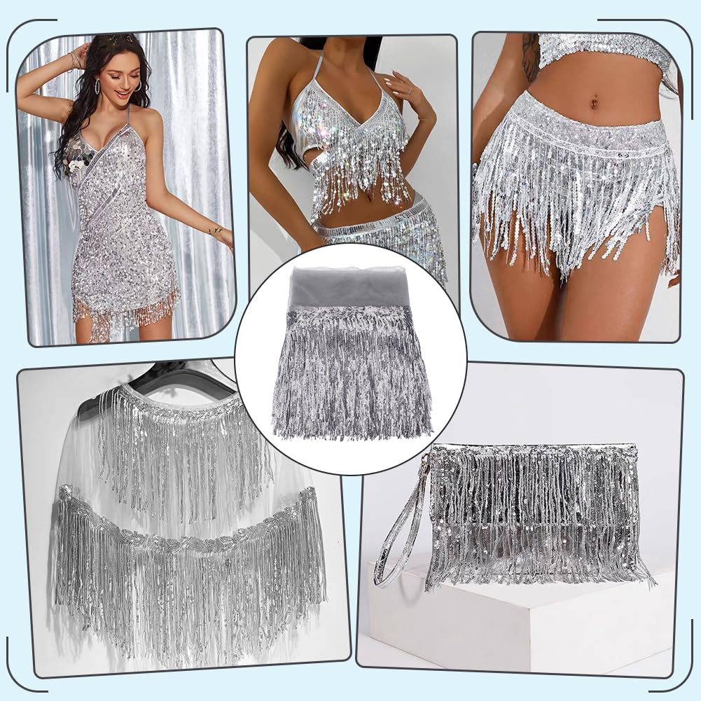 Nastro Con Paillettes E Frange Per Costumi - 10 Yard, Larghezza 20cm - Argento Per Danza E Decorazioni - Foto 9