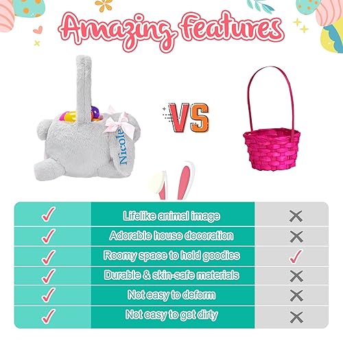 Miniatura 4 de TedYoho Cesta personalizada de conejo de Pascua de 15 pulgadas con nombre bordado, cesta de caza de huevos de Pascua de felpa para regalos de