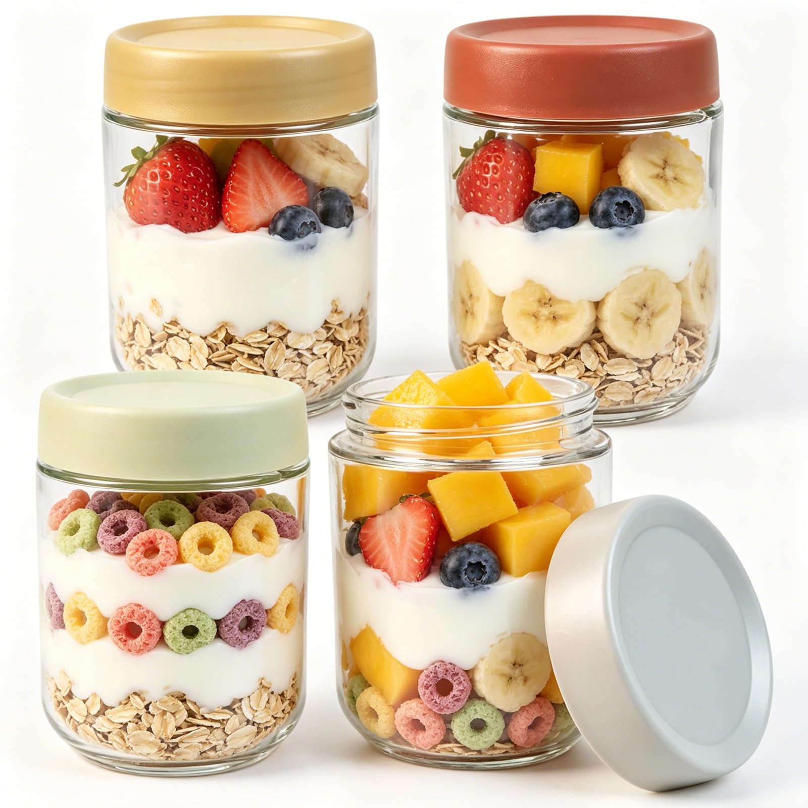 LIIGOU 500ml Overnight Oats Jars with Airtight Lids, Leakproof Glass Meal Prep Containers for Yogurt, Salad & Breakfast, Food Storage Jars for Fridge & Kitchen