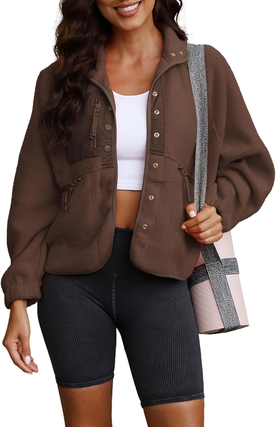 ReachMe Womens Sherpa Jacket Casual Lapel Button Down Cropped Fuzzy Fleece Jackets Long Sleeve Winter Coats with Pockets - Image 3